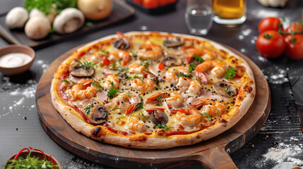 Seafood pizza with sauce on a brown wooden tray