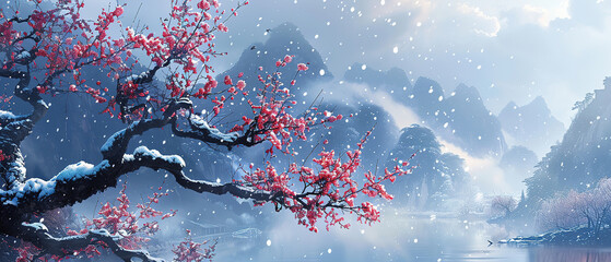 wallpaper beautiful tree branch is covered in heavy snow, misty with white and purple red flowers, covered in snow with plum blossom petals, with empty copy space