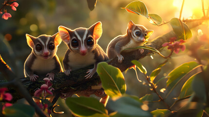 Sugar gliders in the forest with setting sun shining. Group of wild animals in nature.