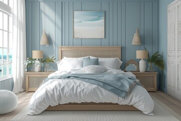 Fototapeta na wymiar A coastal-style bedroom inspired by the serene colors of the seaside