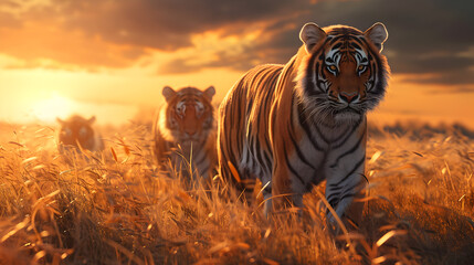 Tiger family in the savanna with setting sun shining. Group of wild animals in nature. - 764613193