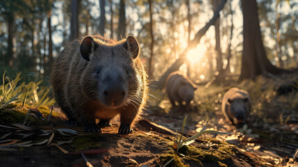 Wombat family in the forest with setting sun shining. Group of wild animals in nature. - 764613337