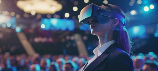 Virtual reality experience. A businesswoman in a suit is immersed in a VR environment, standing amidst a blurred audience with bright stage lights in the background