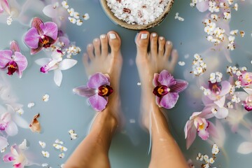 womans feet in a soak with floating orchid blooms and spa salts