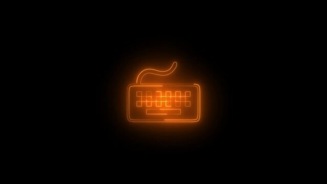 Neon glowing brown computer keyboard icon animation in black background