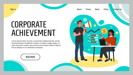 Corporate achievement landing page. Leadership competition. Successful businessman work. Business management. Company progress. Finance growth infographic. Website design template. Vector background