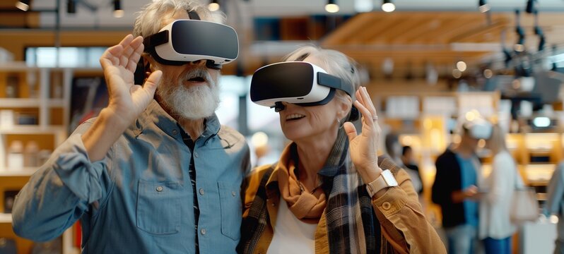 Elderly couple trying virtual reality. A senior man and woman experiencing VR headsets, their expressions suggesting wonder and enjoyment, in a tech store with a blurred modern interior.