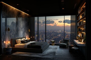 A contemporary penthouse bedroom with marble walls - obrazy, fototapety, plakaty