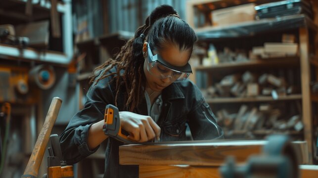 Artisan at work in woodshop. A multiethnic woman wearing safety goggles is focused on planing a wooden plank, showcasing her skill in a carpentry workshop.