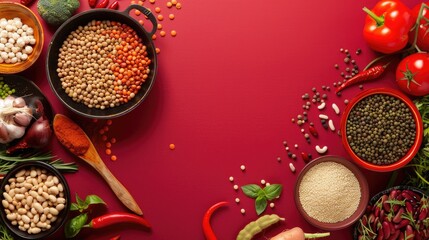 Assorted legumes and vegetables on red background.