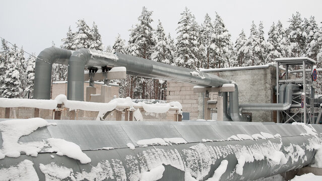 pipelines in winter against the backdrop of a snow-covered forest