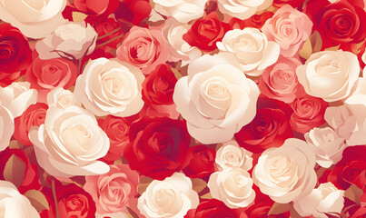 Assorted roses background in shades of red and white, Generative AI 