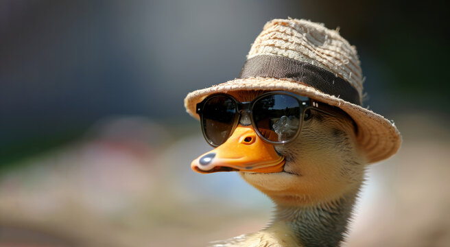 A duck wearing sunglasses and a hat. The duck is wearing sunglasses and a hat, giving it a cool and stylish appearance. stylish funny duck wit. funny animals card. a positive mood