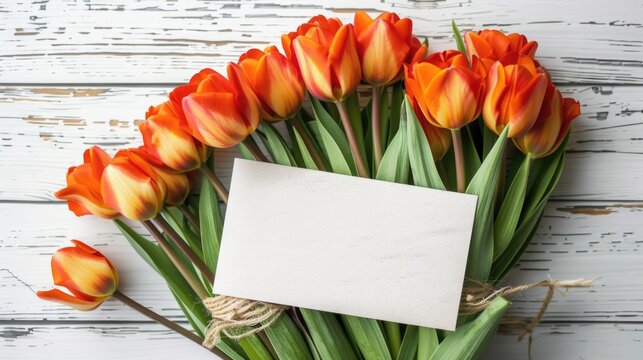 Orange tulips with dual tone petals on rustic white painted wood background.