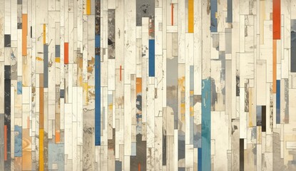 A modern abstract painting with bold, thick vertical lines in various colors and shades of grey, set against an aged wooden background
