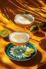Pisco sour cocktail on a turquoise plate with lime wedges, high angle shot