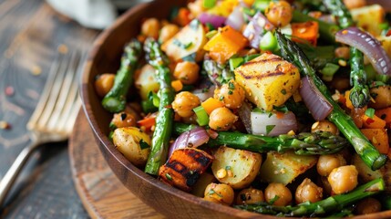 Roasted vegetable salad with chickpeas and fresh herbs.