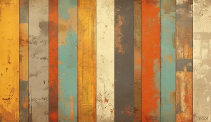 A modern abstract painting with bold, thick vertical lines in various colors and shades of grey, set against an aged wooden background. 