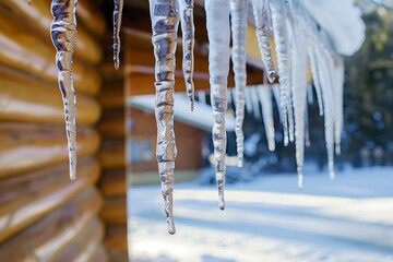 closeup of icicles hanging from a cabins roof edge - obrazy, fototapety, plakaty