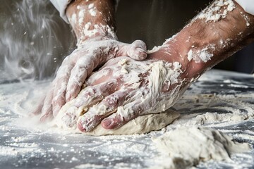 kneading pizza dough, hands covered in flour - obrazy, fototapety, plakaty
