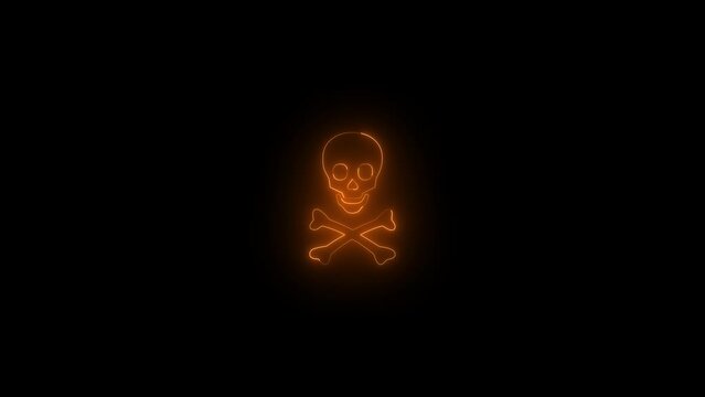 Neon glowing brown skull and crossbones icon animation in black background