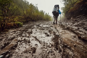 hiker with rain gear on during a drizzle on muddy terrain