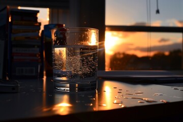 glass of water on desk, light from sunset creating sparkles