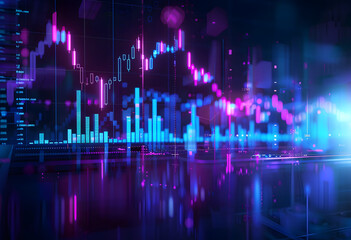 Stock Market Trends Under Blue and Purple Neon Glow: Dynamic Perspective and Depth in Financial Illustration