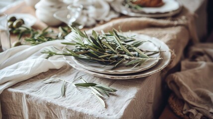 Elegant table setting with olive branch decoration.