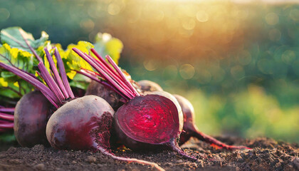 Freshly collected beet root on the ground in garden. Organic agriculture. Natural and healthy food. - obrazy, fototapety, plakaty