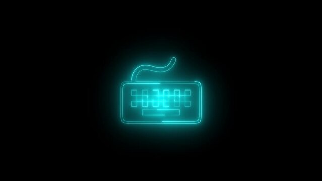Neon glowing cyan computer keyboard icon animation in black background