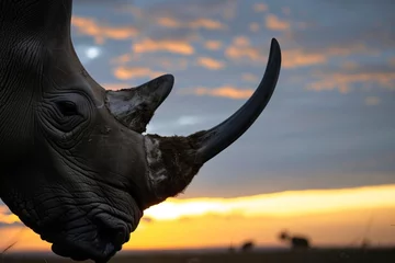 Schilderijen op glas close focus on rhino horn with sunset behind © stickerside