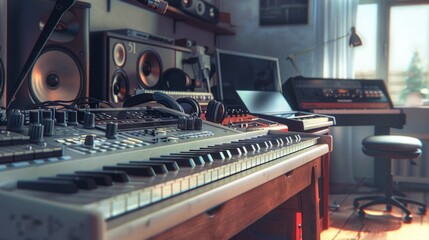 Music production studio equipment with synthesizer and speakers.