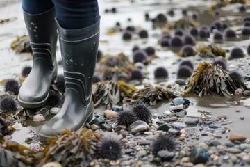person in rubber boots walking carefully among sea urchins at low tide - obrazy, fototapety, plakaty