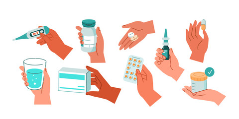 Health care concept set. Collection of people check body temperature, take pills, supplements, capsules with water and catch urine sample. Hands hold drugs and medications. Vector illustration.