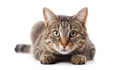 Alert tabby cat lying down facing forward isolated on white background. Pet portrait concept. Design for animal brochure, cat care flyer, or pet adoption poster