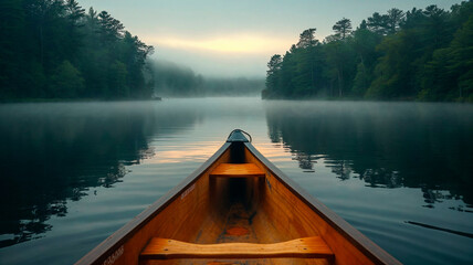 Canoe bow on a misty lake with forest backdrop, serene and tranquil morning. - obrazy, fototapety, plakaty