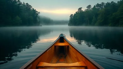 Foto op Canvas Canoe bow on a misty lake with forest backdrop, serene and tranquil morning. © Creative Clicks