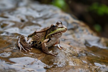 frog on a wet rock with eyes bulging