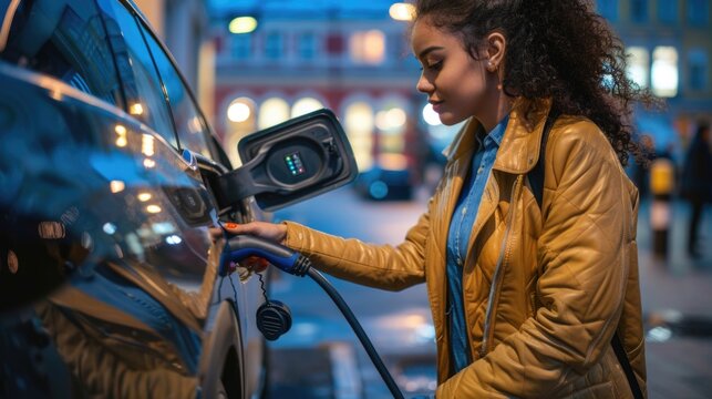 Woman charging electric car at night. Eco-friendly transportation and sustainable lifestyle concept