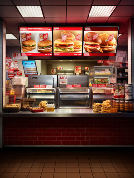 Counter service at hamburger fast food restaurant, Burger shop interior, Entrance to order food in front of the counter