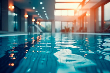 Obraz premium Indoor pool with tranquil water, ambient lighting, serene and luxurious atmosphere.