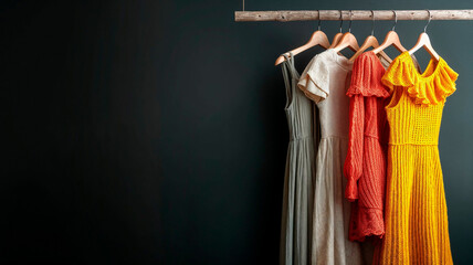 Assorted dresses hanging on a rack, vibrant colors against a dark background, fashion.