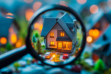 Miniature house viewed through a magnifying glass, warm lights, real estate concept.