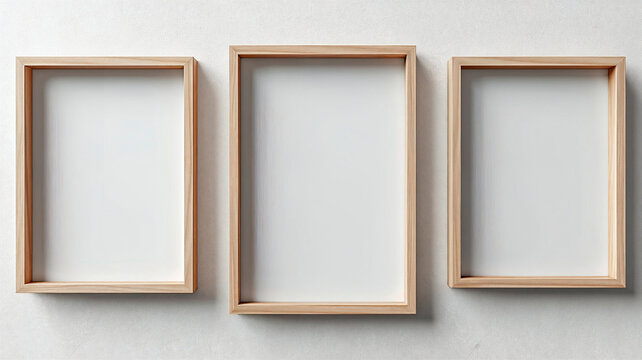Three blank wooden frames on wall, gallery mockup, clean and simple design.