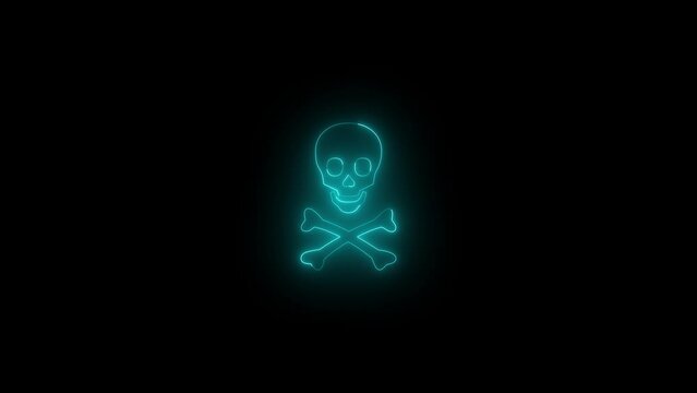 Neon glowing cyan skull and crossbones icon animation in black background