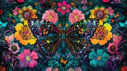 Vibrant butterfly and floral pattern illustration. Design for textile, wallpaper