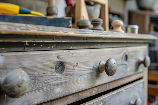 fastening new knobs on an antique drawer chest