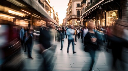 Abstract blurred background of business busy people walking on sidewalk at business center in the city.