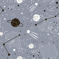 Seamless childish pattern with planets. Creative nursery background. Perfect for kids design, fabric, wrapping, wallpaper, textile, apparel - 764617519